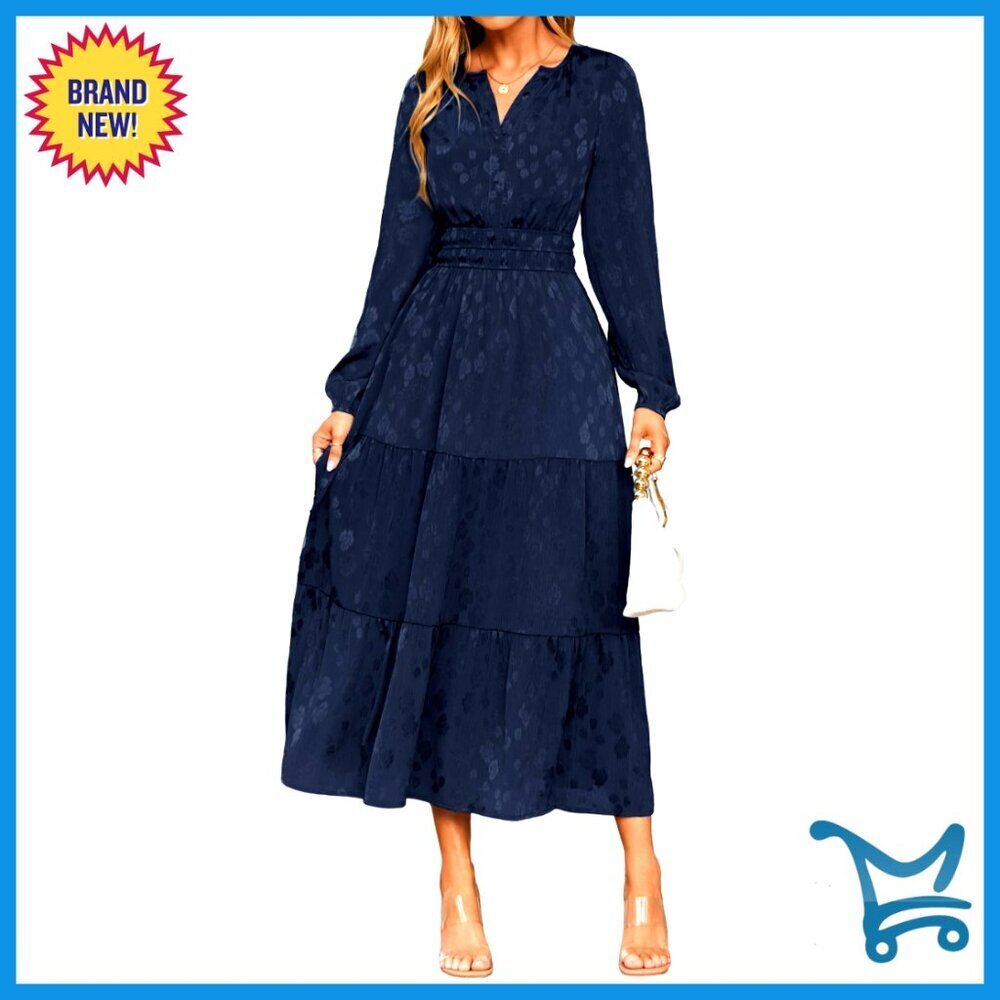 Elegant Floral Jacquard Maxi Dress Long Sleeve V-Neck Tiered Swing Hem